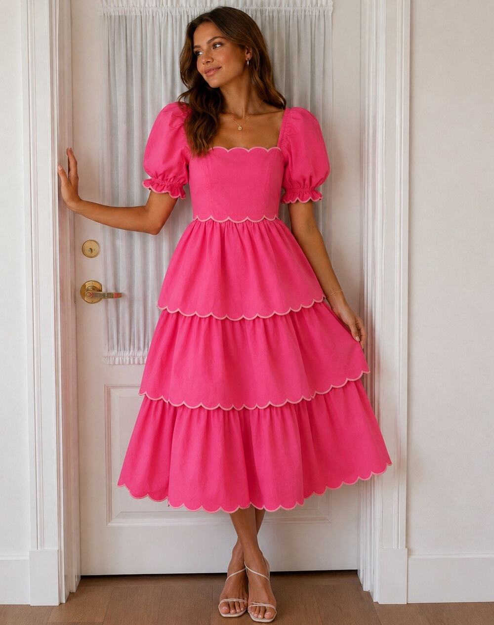 Women’s Pink Tiered Scalloped Cotton Dress By English Factory Ret. $185 Small